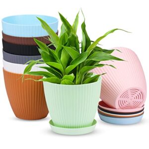 whonline 8 pack 6 inch flower pots for indoor plants colorful plant pots outdoor plastic plant planters with drainage hole for all house plants herbs flowers and seeding nursery