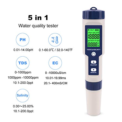 EC Tester, 5 in 1 PH Tester Small Portable for Drinking Water for Aquaculture for Laboratory