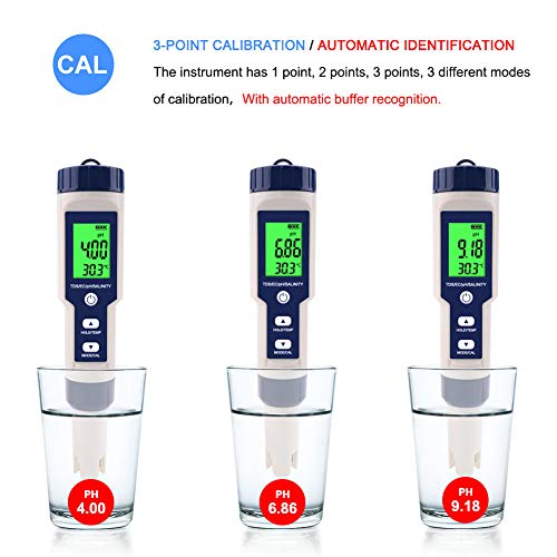 EC Tester, 5 in 1 PH Tester Small Portable for Drinking Water for Aquaculture for Laboratory