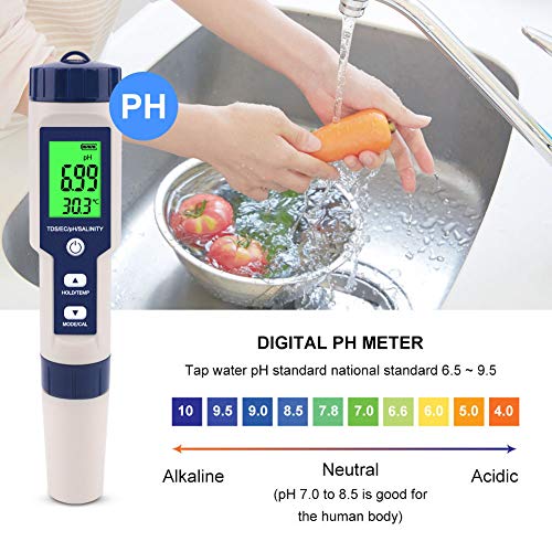 EC Tester, 5 in 1 PH Tester Small Portable for Drinking Water for Aquaculture for Laboratory