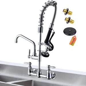golrean commercial sink faucet with pre-rinse sprayer, wall mount 8 inch center 26” height with 8'' add- on swivel spout for 2-3 compartment utility sink with installation kit