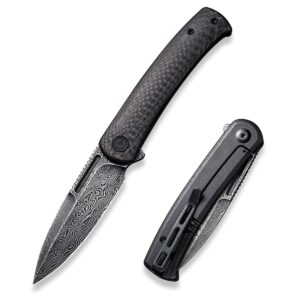 civivi cetos folding knife, 3.48-in damascus blade spear point with twill carbon fiber scale flipper knife frame lock, pocket edc outdoor knives for camping, hiking, hunting c21025b-ds1