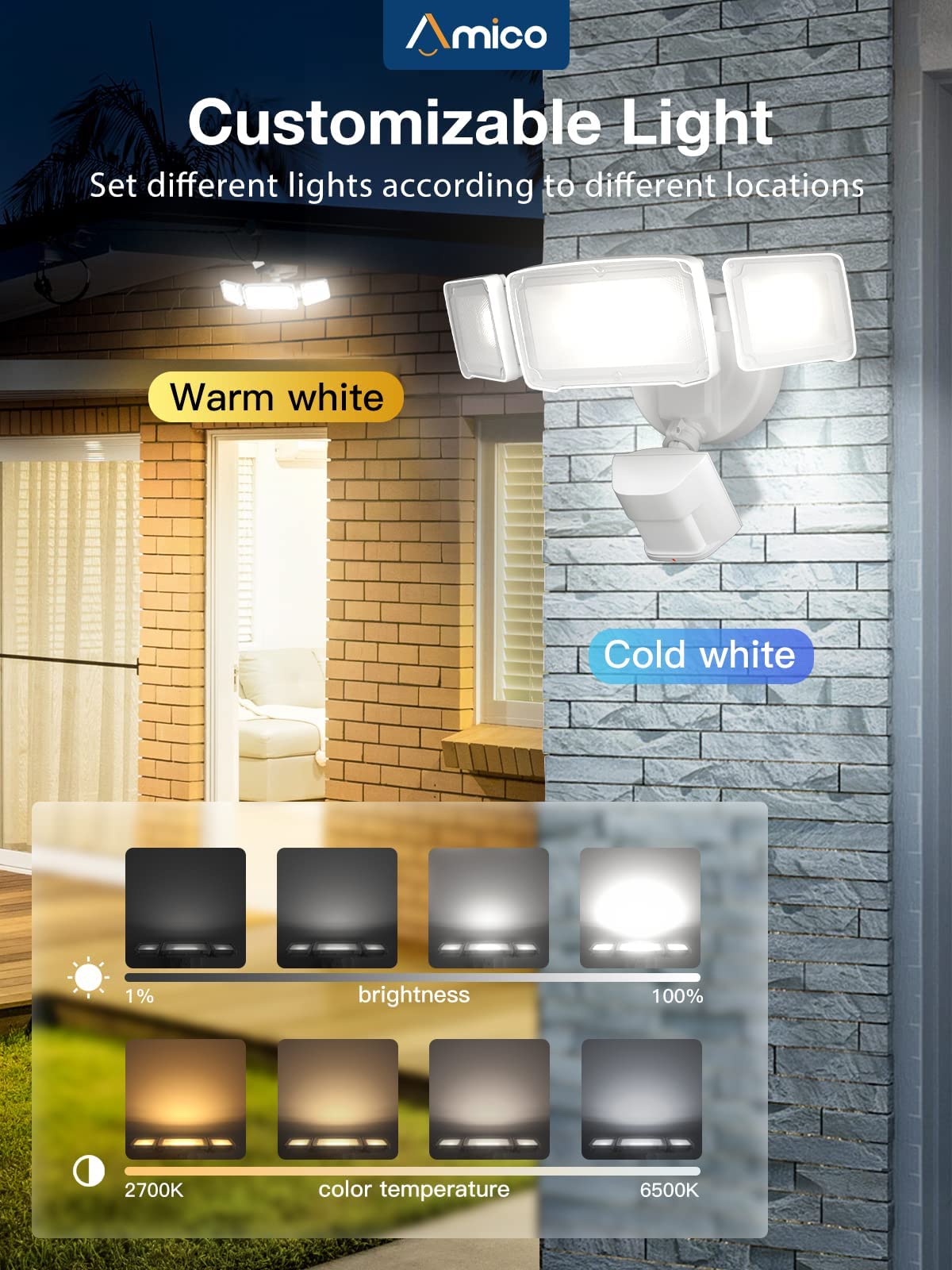 Amico Smart LED Motion Sensor Outdoor Lights, 40W Flood Lights Work with Alexa/Google Home, 4000LM Security Lights, 2700-6500K, IP65 Waterproof, App Controlled WiFi Flood Light for Garage, Yard