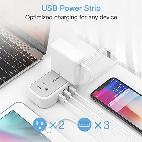 Flat Plug Extension Cord with 3 USB Ports, TESSAN Ultra Thin Power Strip with 2 AC Outlets Cruise Ship Essentials, Small 5 ft Low Profile Outlet Concealer for Travel Office School Dorm Room Essentials