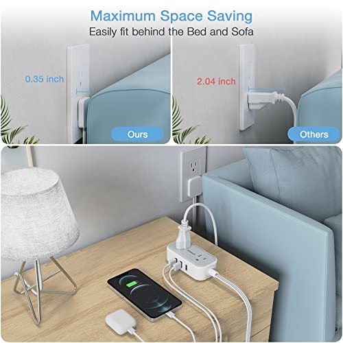 Flat Plug Extension Cord with 3 USB Ports, TESSAN Ultra Thin Power Strip with 2 AC Outlets Cruise Ship Essentials, Small 5 ft Low Profile Outlet Concealer for Travel Office School Dorm Room Essentials