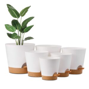 whonline 6 pack self watering pots for indoor plants 8/7/6.5/6/5.5/5 inch plastic pots with drainage hole, planters white flower pots for outdoor plants, flowers, succulents