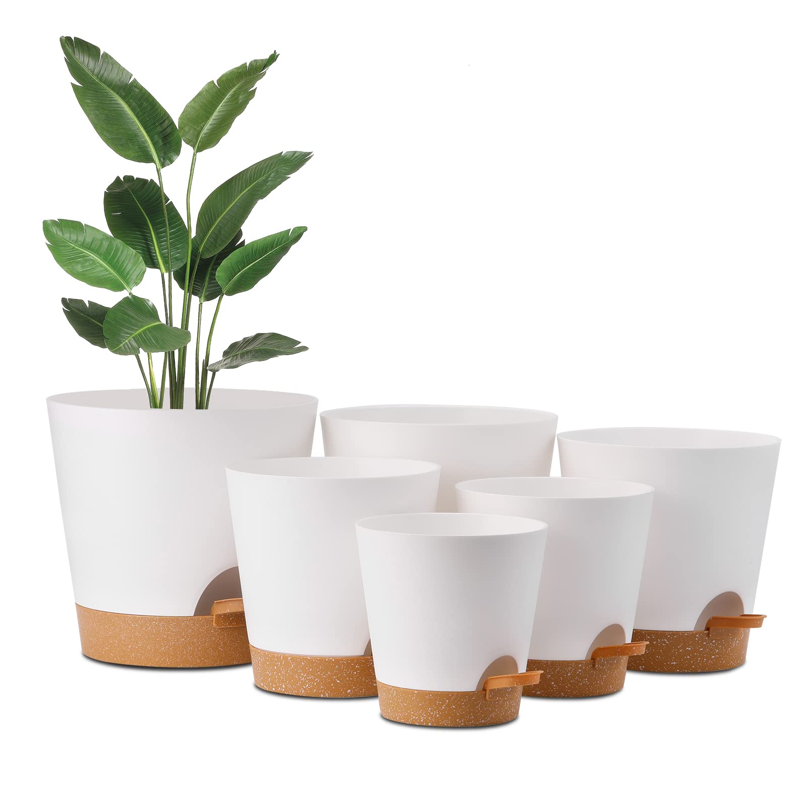 Whonline 6 Pack Self Watering Pots for Indoor Plants 8/7/6.5/6/5.5/5 Inch Plastic Pots with Drainage Hole, Planters White Flower Pots for Outdoor Plants, Flowers, Succulents