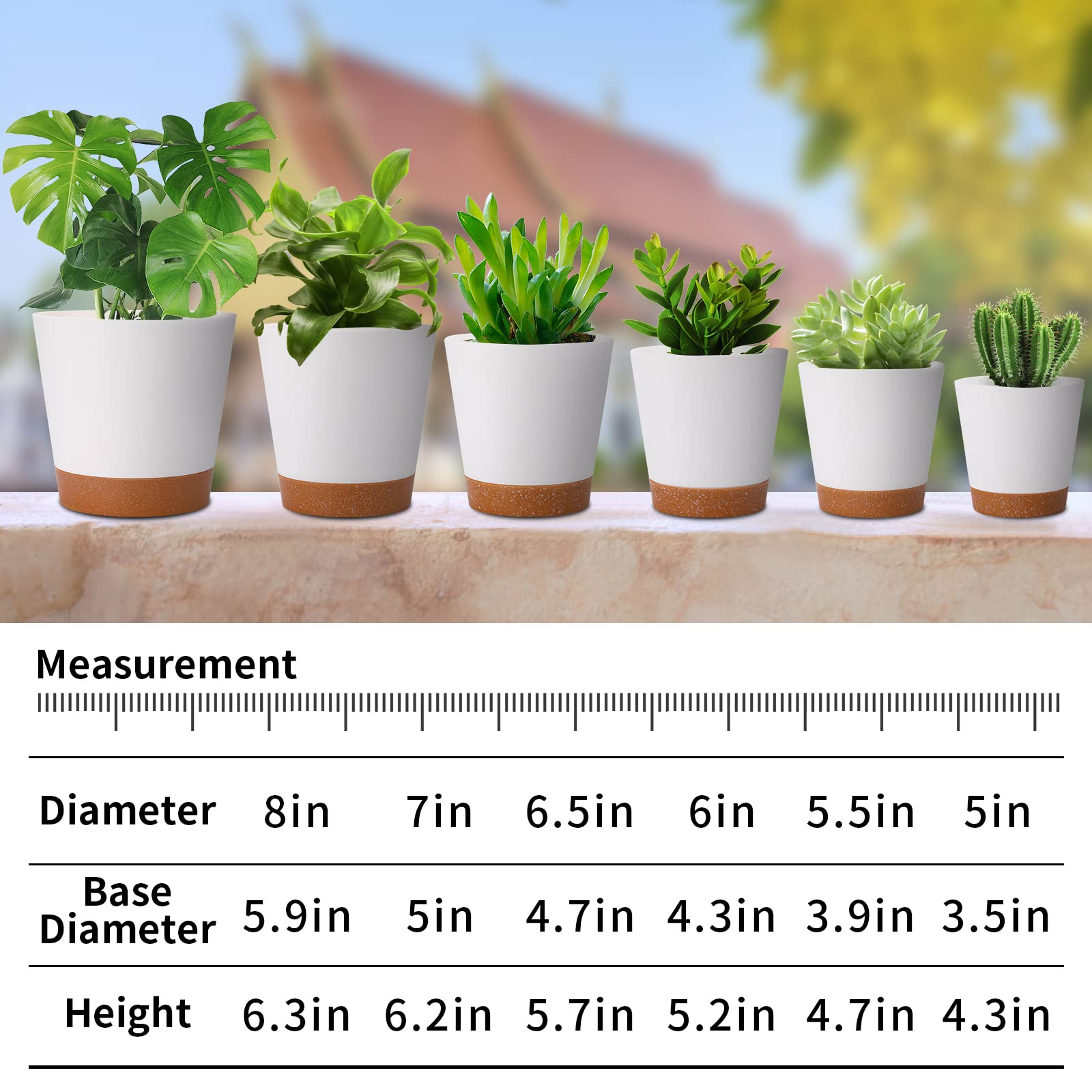 Whonline 6 Pack Self Watering Pots for Indoor Plants 8/7/6.5/6/5.5/5 Inch Plastic Pots with Drainage Hole, Planters White Flower Pots for Outdoor Plants, Flowers, Succulents