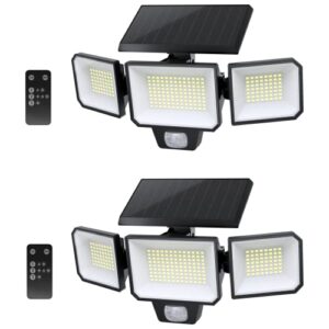 solar outdoor lights, 229 led 2500lm super brightness motion sensor security light with remote control, 3 lighting modes 270° wide angle, adjustable 3 heads, ip65 waterproof wall light, 2 pack