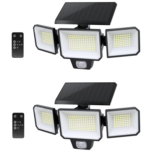 Solar Outdoor Lights, 229 LED 2500LM Super Brightness Motion Sensor Security Light with Remote Control, 3 Lighting Modes 270° Wide Angle, Adjustable 3 Heads, IP65 Waterproof Wall Light, 2 Pack