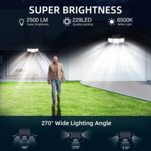 Solar Outdoor Lights, 229 LED 2500LM Super Brightness Motion Sensor Security Light with Remote Control, 3 Lighting Modes 270° Wide Angle, Adjustable 3 Heads, IP65 Waterproof Wall Light, 2 Pack