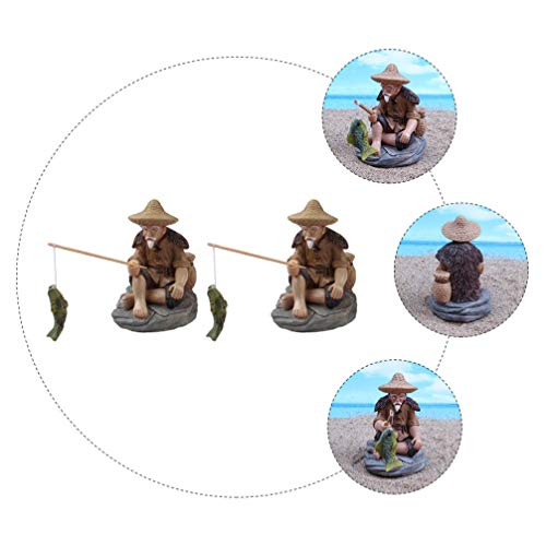 Housoutil Micro Landscape Decor 2pcs Fisherman Fishing Ornaments Elder Doll Mini Resin Mini Dollhouse Accessories