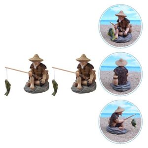 Housoutil Micro Landscape Decor 2pcs Fisherman Fishing Ornaments Elder Doll Mini Resin Mini Dollhouse Accessories