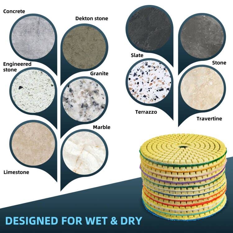 14 Pack 4 Inch Diamond Polishing Pads Kit with 2PCS 5/8’’-11 Backer Pad 12PCS Wet/Dry Polish Pad Set for Drill Grinder Polisher 50-8000 Grit Pads for Granite Marble Stone Concrete Countertop Quartz