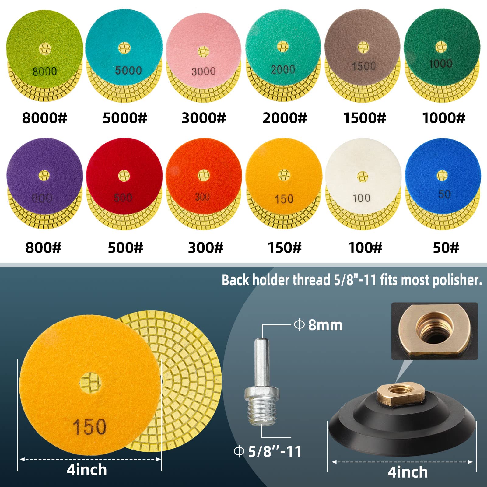 14 Pack 4 Inch Diamond Polishing Pads Kit with 2PCS 5/8’’-11 Backer Pad 12PCS Wet/Dry Polish Pad Set for Drill Grinder Polisher 50-8000 Grit Pads for Granite Marble Stone Concrete Countertop Quartz