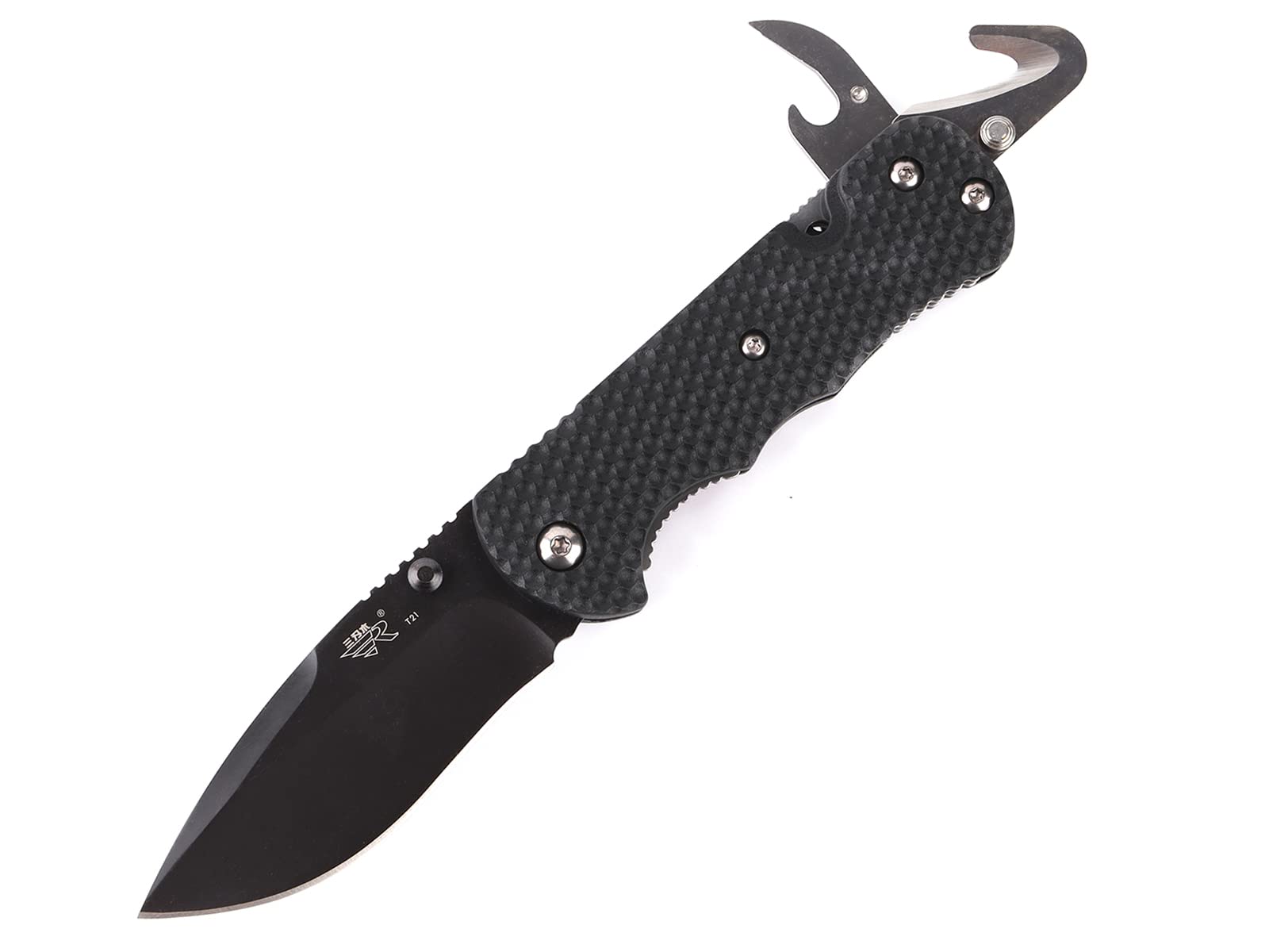 Sanrenmu Knives 7045 Pocket Folding Knife EDC Knife Multitool Bottle Opener 12C27 Blade (Black)