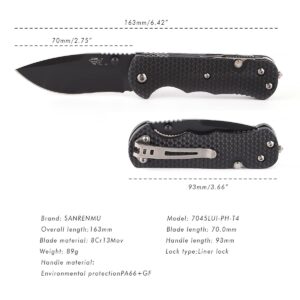 Sanrenmu Knives 7045 Pocket Folding Knife EDC Knife Multitool Bottle Opener 12C27 Blade (Black)