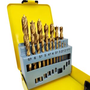hymnorq brad point wood drill bits 19pc set, metric size 1mm-10mm by 0.5mm in metal case, titanium coated high-speed steel, perfect for diy woodworking carving engraving drilling