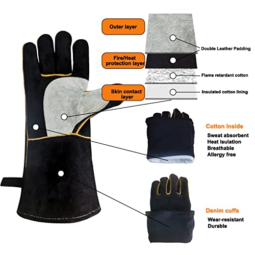 PerfeSafe Welding Gloves, 932℉ Leather Heat Fire Resistant Welders Gloves for Tig/Mig/Stick/Forge, Mitts for BBQ/Oven/Grill/Fireplace/Furnace/Stove/Animal Handling Gloves with Soft Lining