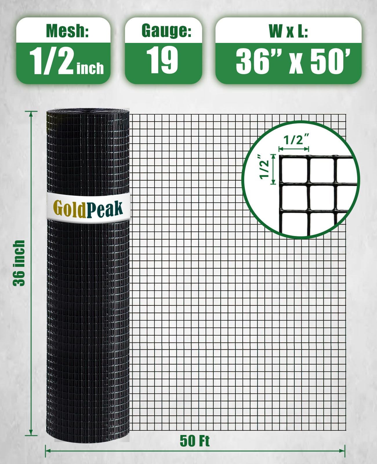 GoldPeak Black Hardware Cloth - 36in. x 50ft. 1/2 inch Mesh 19 Gauge - Vinyl Coated Wire Mesh Roll Garden Fence Chicken Coop Cover Wire Fencing