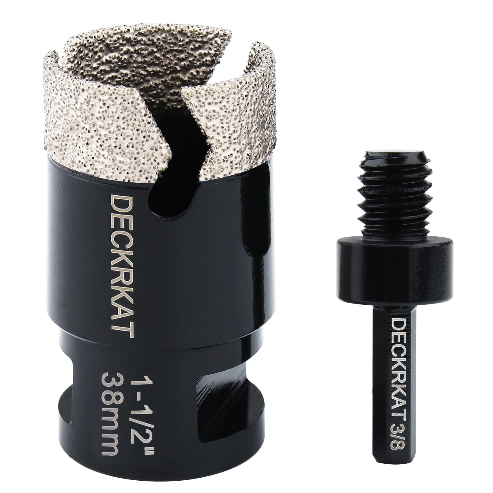 1-1/2” Diamond Core Drill Bit 38mm Vacuum Brazed Hole Saw with Cutting Flutes for Granite Quartz Porcelain Tile Hard Materials 5/8-11 Female Thread & 3/8” Hex Shank Adapter Fit Angle Grinders & Drills