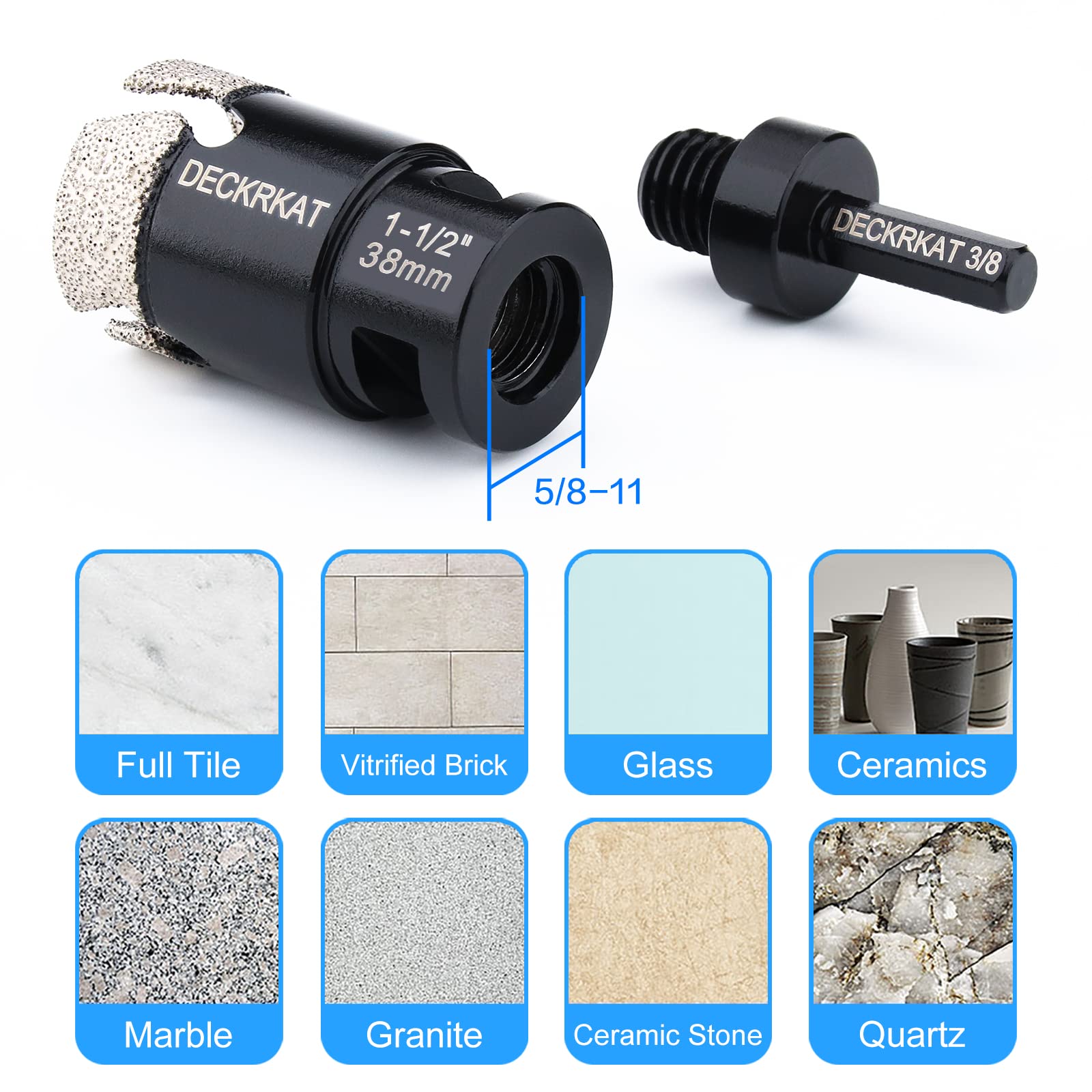 1-1/2” Diamond Core Drill Bit 38mm Vacuum Brazed Hole Saw with Cutting Flutes for Granite Quartz Porcelain Tile Hard Materials 5/8-11 Female Thread & 3/8” Hex Shank Adapter Fit Angle Grinders & Drills