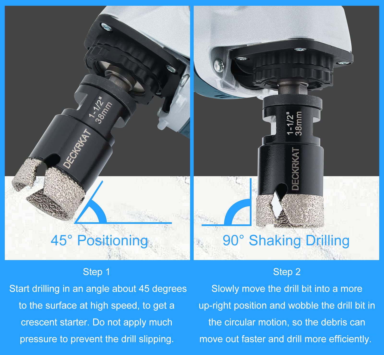 1-1/2” Diamond Core Drill Bit 38mm Vacuum Brazed Hole Saw with Cutting Flutes for Granite Quartz Porcelain Tile Hard Materials 5/8-11 Female Thread & 3/8” Hex Shank Adapter Fit Angle Grinders & Drills