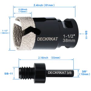 1-1/2” Diamond Core Drill Bit 38mm Vacuum Brazed Hole Saw with Cutting Flutes for Granite Quartz Porcelain Tile Hard Materials 5/8-11 Female Thread & 3/8” Hex Shank Adapter Fit Angle Grinders & Drills