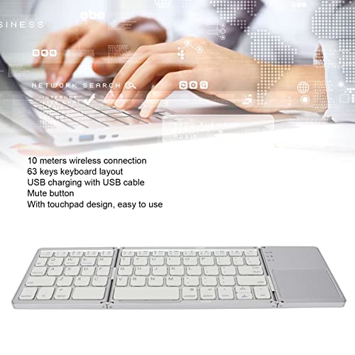 Acogedor 3 Folding Keyboard with Touchpad Foldable Bluetooth Keyboard 63 Keys Portable Wireless Keyboard for iOS Windows Android Phone Tablet Laptop(Silver White)