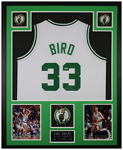 Larry Bird Autographed and Framed White Boston Jersey Auto Beckett COA