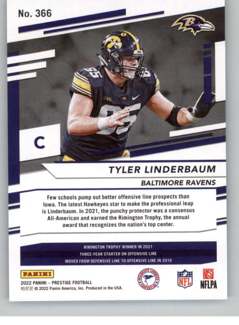 2022 Panini Prestige #366 Tyler Linderbaum RC Rookie Baltimore Ravens NFL Football Trading Card