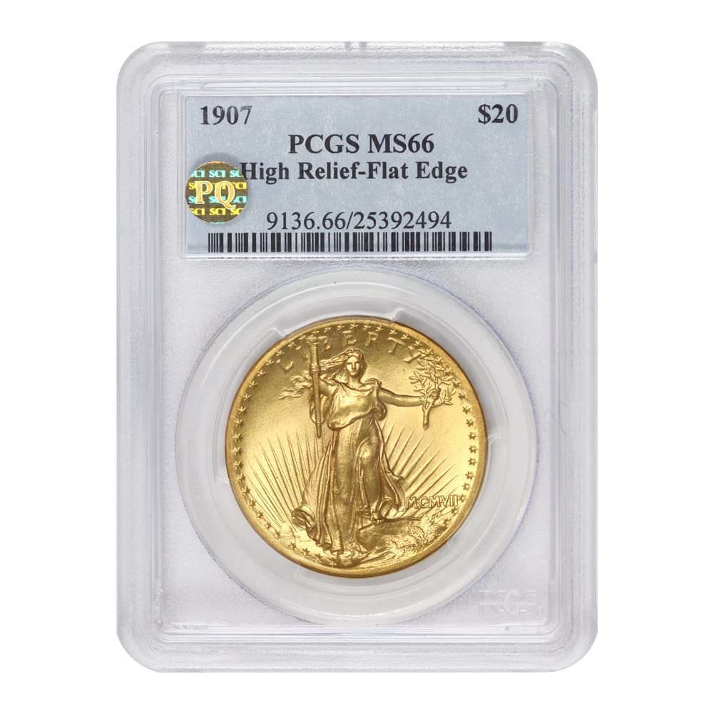 1907 American Gold Saint Gaudens Double Eagle MS-66 High Relief Flat Edge PQ Approved by Mint State Gold $20 MS66 PCGS