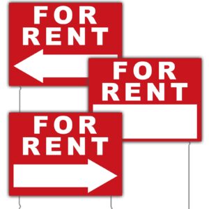 3 pack 12 x 16 inches for rent sign kit yard sign with tall stands double sided corrugated plastic for rental house car apartment shops business (red)