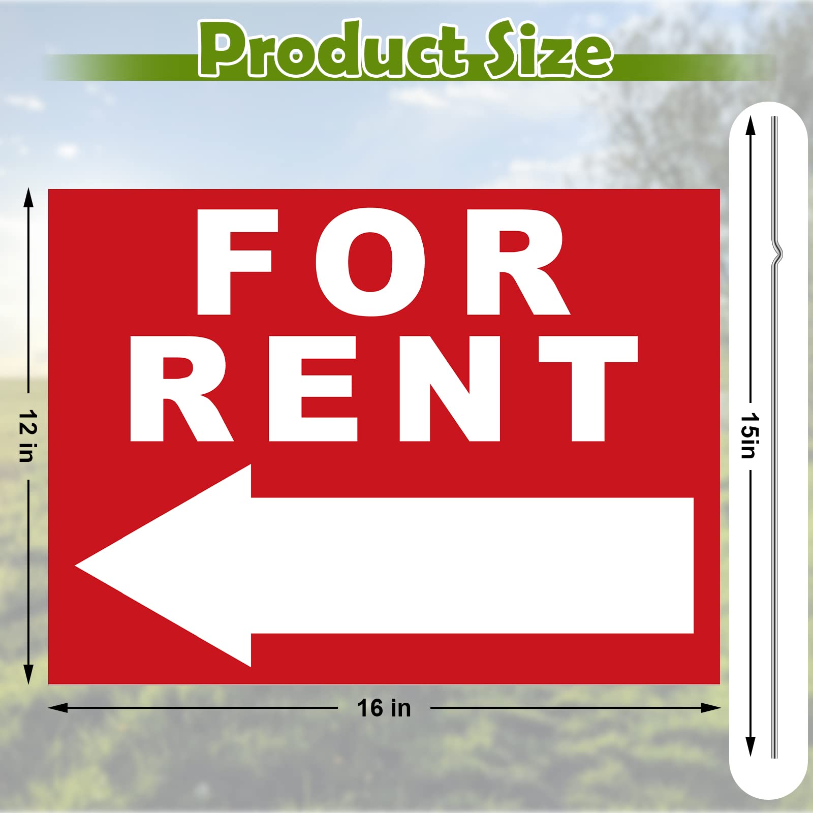 3 Pack 12 x 16 Inches for Rent Sign Kit Yard Sign with Tall Stands Double Sided Corrugated Plastic for Rental House Car Apartment Shops Business (Red)