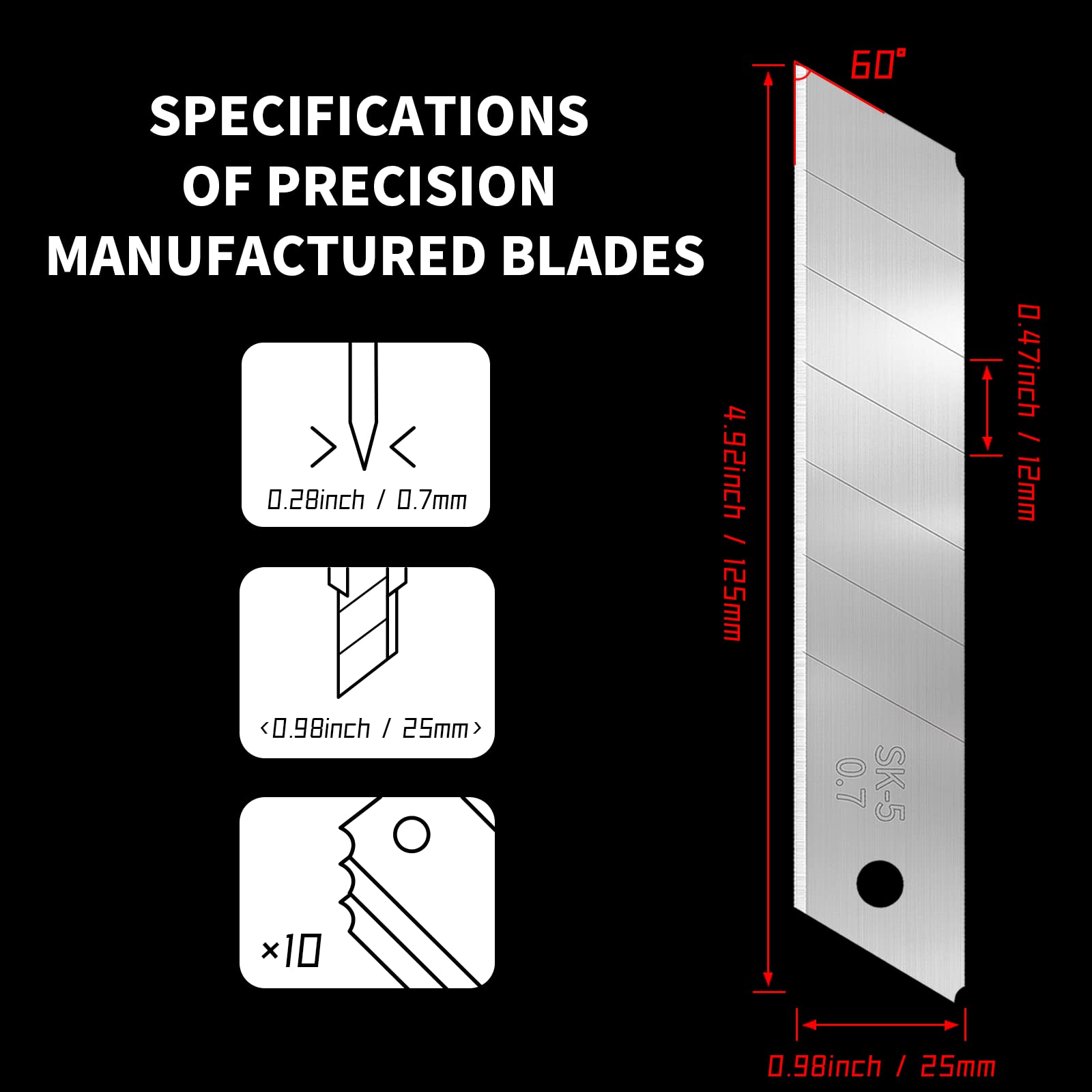 50-Pack 25MM Utility Knife Blades, Snap off Knife Blades for Retractable Box Cutters and Knife , SK5 Blades in Bulk Pack. 10pc ×5c