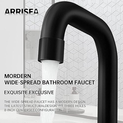 Bathroom Faucet ARRISEA Bathroom Faucets for Sink 3 Hole, Black Bathroom Faucet 3 Hole 8 Inch Widespread with Pop Up Drain, 2 Handle Faucet for Bathroom Sink, BF010-1-MB