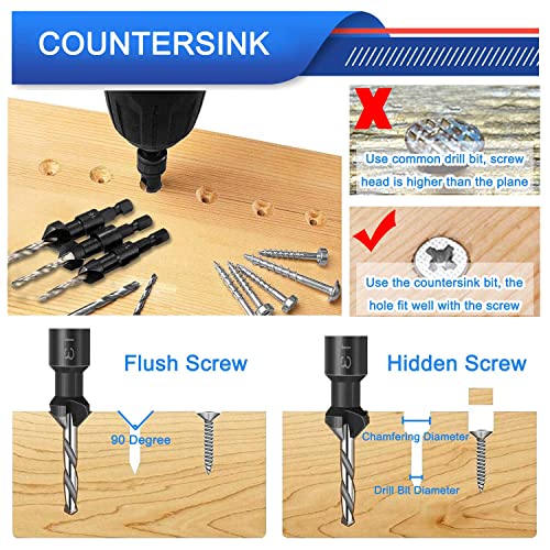 Countersink Drill Bits Set - 1/4 Inch Hex Shank Tapered Drill Bits, Quick Change Wood Woodworking Counter Sinker Drill Bit with Hex Wrench Screw Pilot Hole Drilling Tools for Wood Plastic,4Pcs