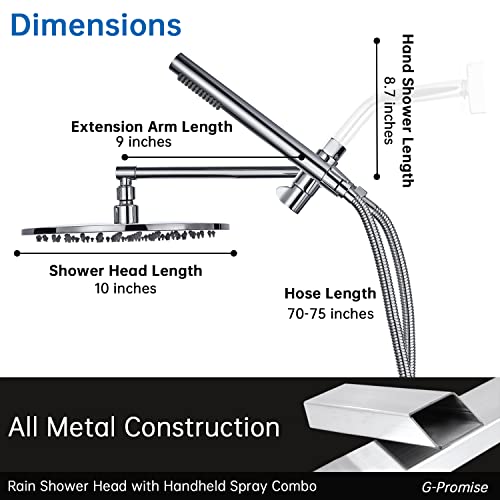 G-Promise All Metal 10" Rain Shower Head with Handheld Spray Combo, Contains 4-Setting Soild Brass Diverter with 9" Adjustable Extension Arm, 71" Extra Long Stainless Steel Hose (10 inch, chrome)