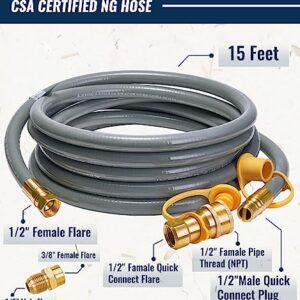 CALPOSE 15 Feet 1/2 inch ID Natural Gas Grill Hose with Quick Connect Fittings, Natural Gas Line for Grill, Pizza Oven, Heater and More Low Pressure Appliance