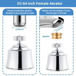 Hygie Rinse Faucet Sprayer Attachment with 4 Spray Modes, 360° Swivel Faucet Aerator Kitchen Sink Faucet Head 55/64-27UNS Famale Thread, Male Thread Adapter Included, Chrome