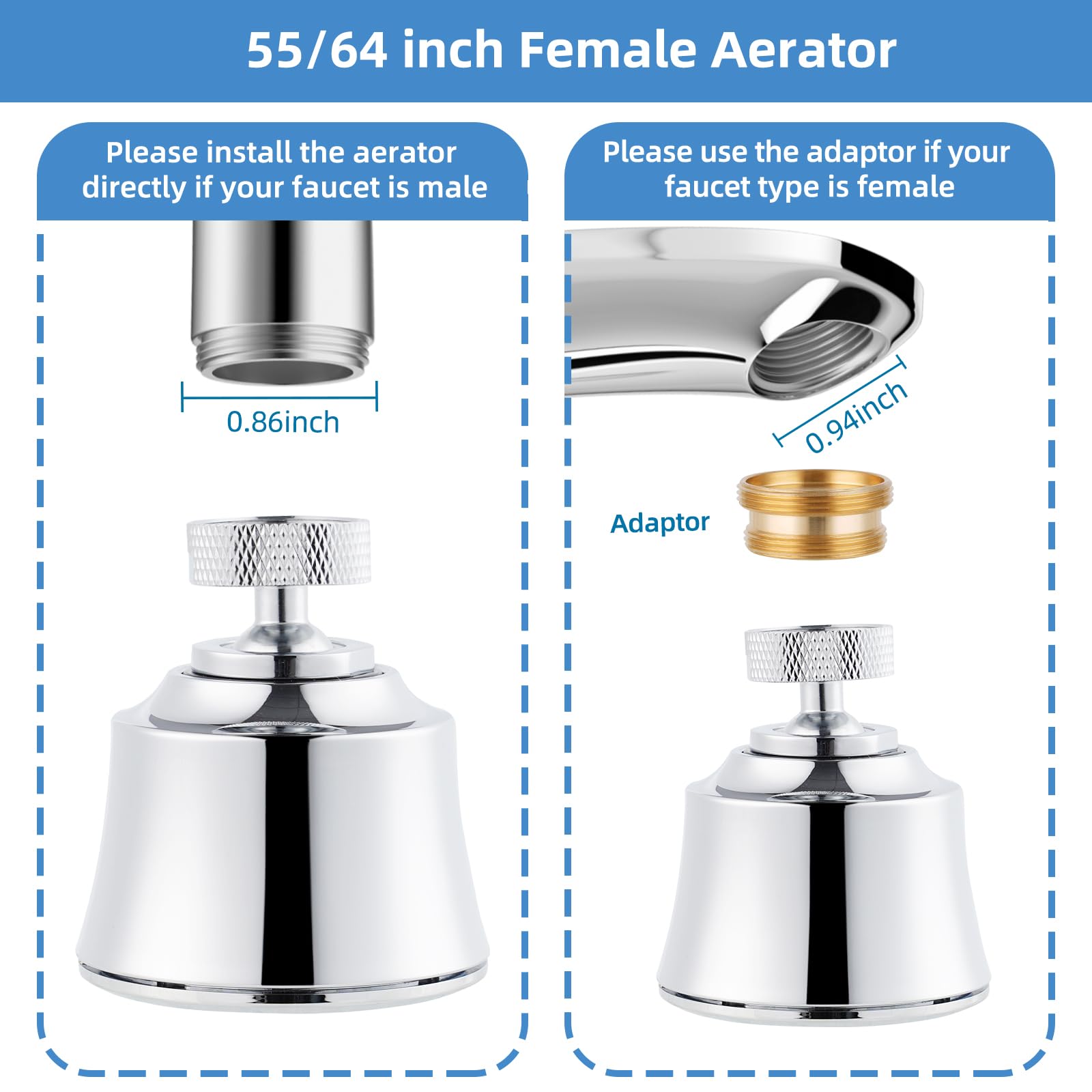 Hygie Rinse Faucet Sprayer Attachment with 4 Spray Modes, 360° Swivel Faucet Aerator Kitchen Sink Faucet Head 55/64-27UNS Famale Thread, Male Thread Adapter Included, Chrome