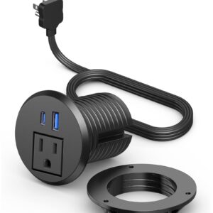 2 inch Desktop Power Grommet with PD 20W USB C,Ultra Thin Flat Plug Power Strip,Recessed Outlet,Slim Outlet Extender for Office,Table Outlets for Home, Office,6 ft Cable(Black)