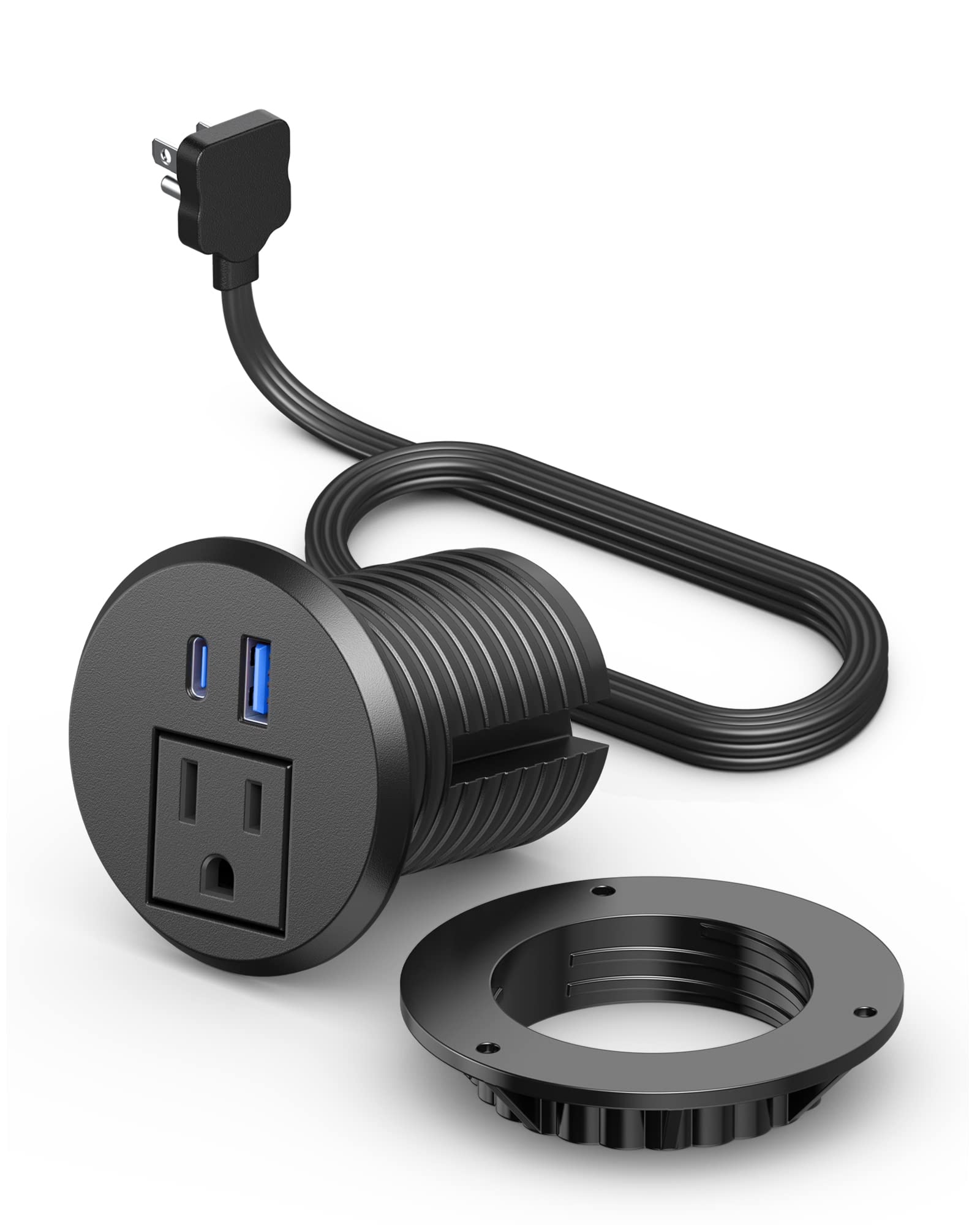 2 inch Desktop Power Grommet with PD 20W USB C,Ultra Thin Flat Plug Power Strip,Recessed Outlet,Slim Outlet Extender for Office,Table Outlets for Home, Office,6 ft Cable(Black)