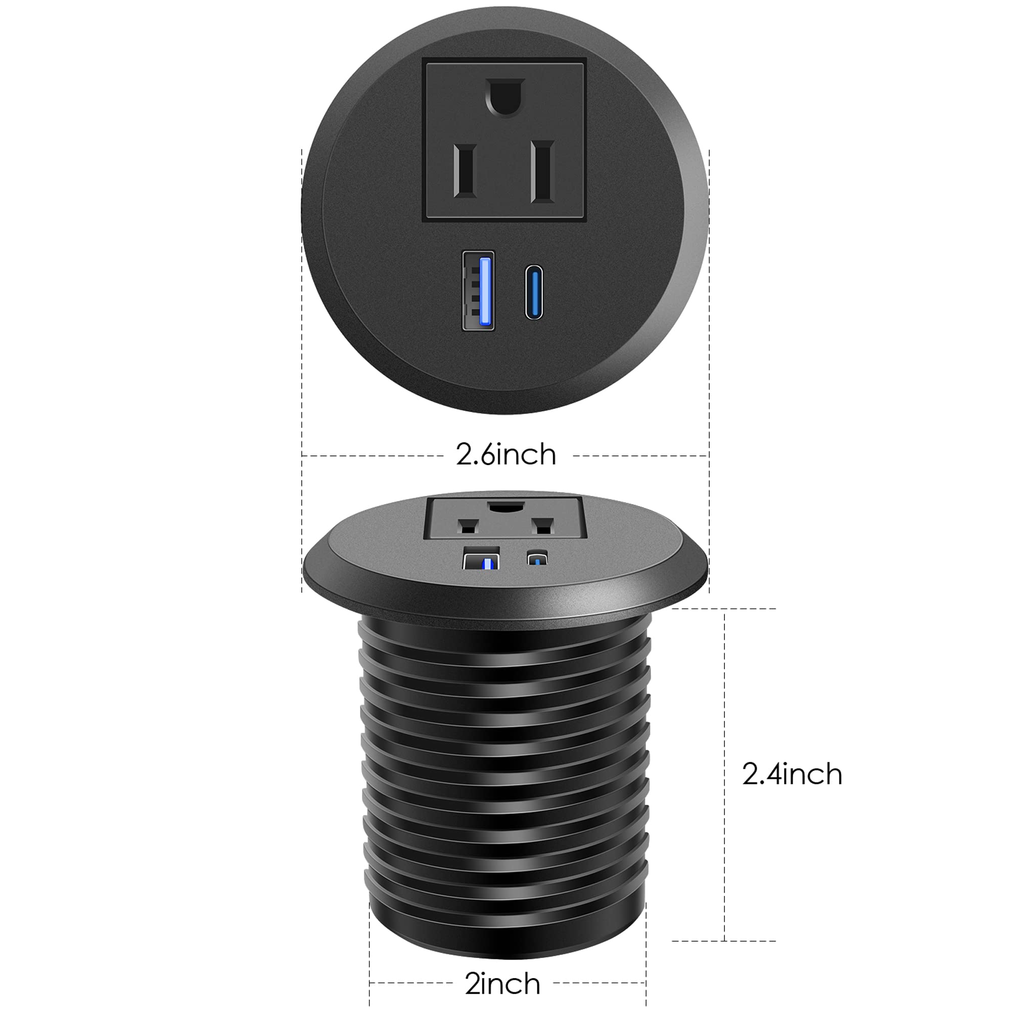 2 inch Desktop Power Grommet with PD 20W USB C,Ultra Thin Flat Plug Power Strip,Recessed Outlet,Slim Outlet Extender for Office,Table Outlets for Home, Office,6 ft Cable(Black)