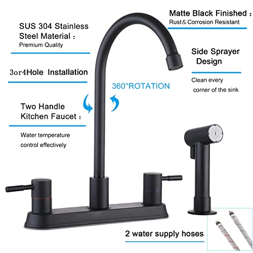 IKEBANA Black Kitchen Faucet,2 Handle Kitchen Sink Faucet with Side Sprayer Matte Black,3 or 4 Hole Lead-Free 360 Swivel Stainless Steel Commercial Kitchen Faucet for Rv Laundry Farmhouse Kitchen Sink