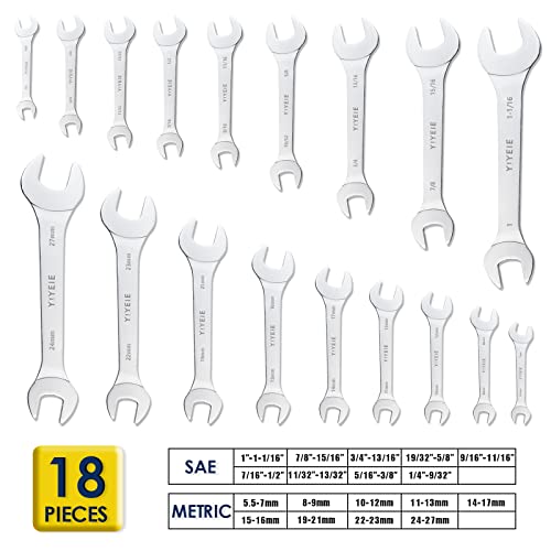 YIYEIE 18pcs Super-Thin Open End Wrench Set, Metric & SAE, 5.5mm to 27mm, 1/4" to 1-1/16", CR-V Steel with Mirror Finish, Ultra-Slim Wrench Set with Rolling Pouch