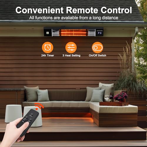 Uthfy 1500W Wall Mounted Electric Infrared Patio Heater with Remote Control and 24H Timer - Outdoor Use