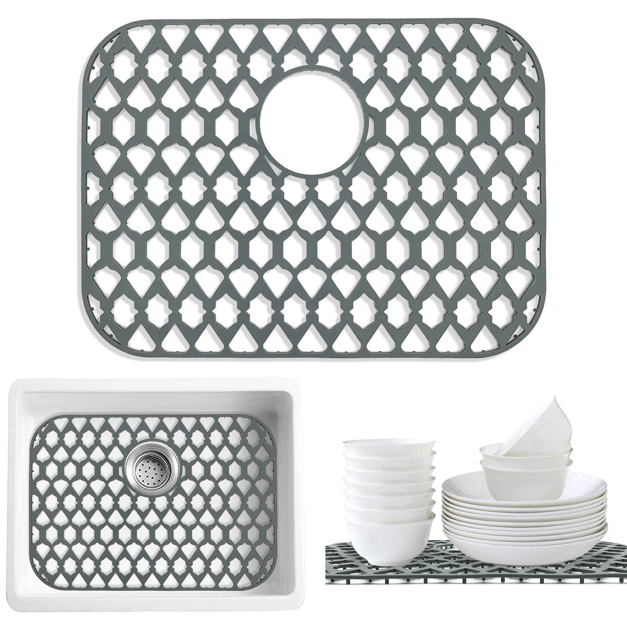 SAMSIER Sink Protectors for Kitchen Sink 13x11&16x12&19x14&21x16&22x13&24x13&26x14&28x14&30x16, Large Silicone Sink Mats Grid for Bottom of Farmhouse Stainless Steel Sink (19”x14”, Rear Drain)