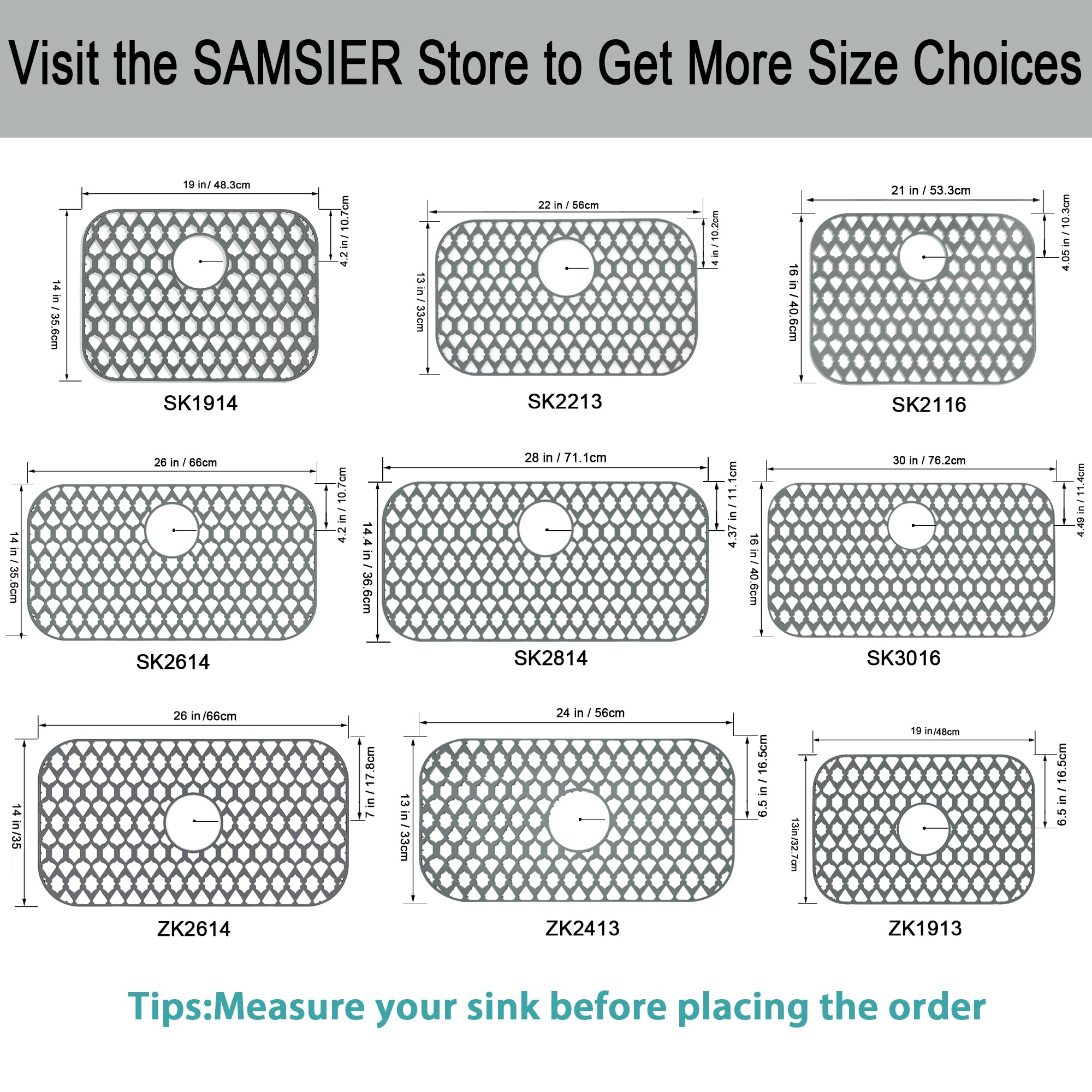 SAMSIER Sink Protectors for Kitchen Sink 13x11&16x12&19x14&21x16&22x13&24x13&26x14&28x14&30x16, Large Silicone Sink Mats Grid for Bottom of Farmhouse Stainless Steel Sink (19”x14”, Rear Drain)