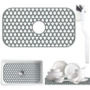 samsier sink protectors for kitchen sink 19”x13”& 26”x14” with cleaning brush, large silicone kitchen sink mats grid for bottom of farmhouse stainless steel porcelain sink (26x14,center drain)